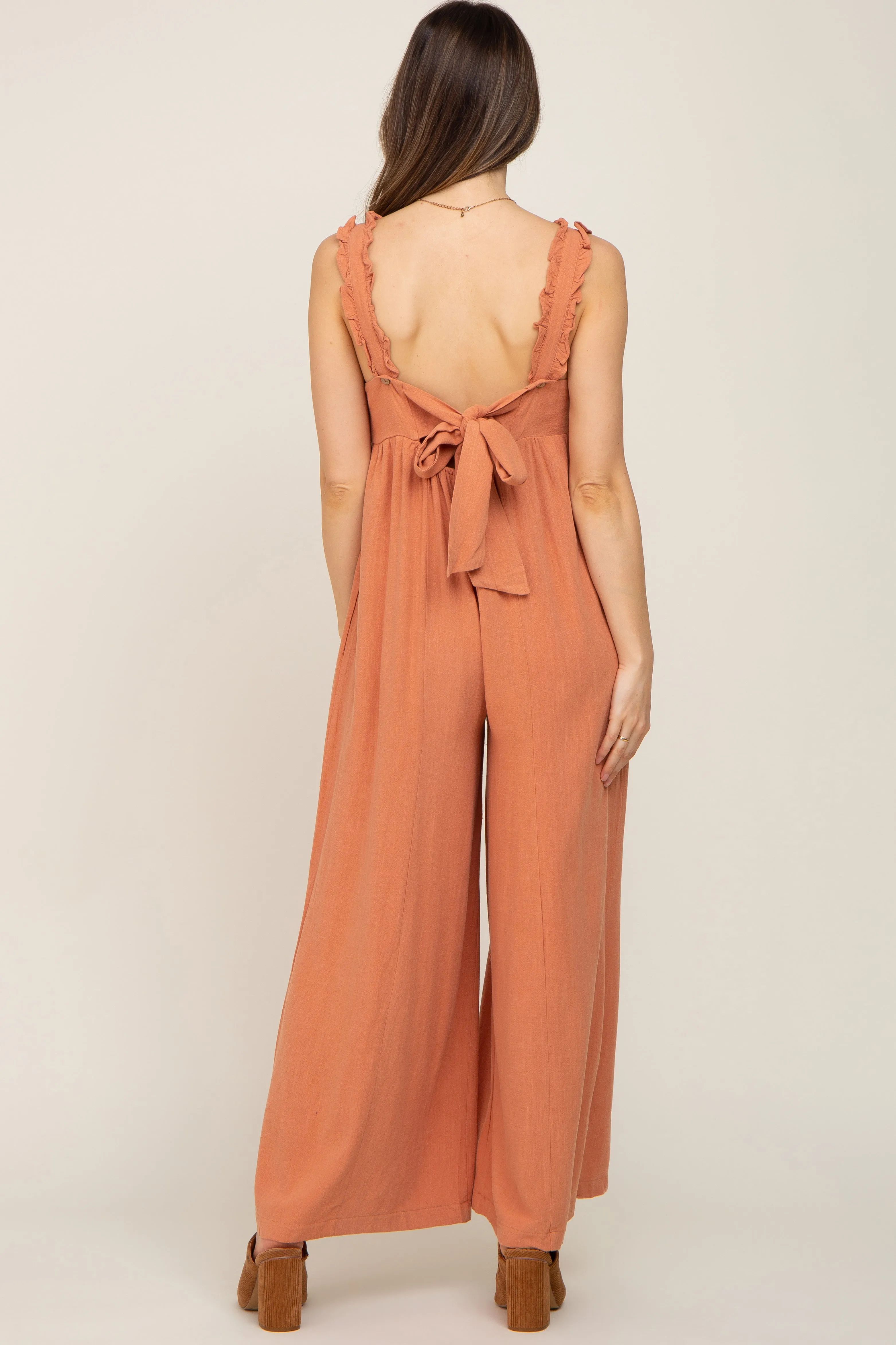 Rust Ruffle Trim Back Tie Maternity Jumpsuit sold by Pinkblush product image thumbnail 3