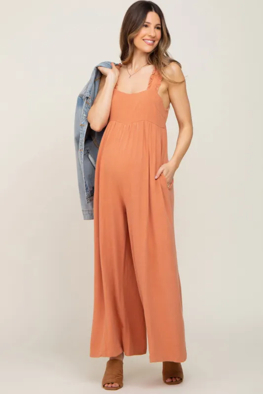 Rust Ruffle Trim Back Tie Maternity Jumpsuit sold by Pinkblush