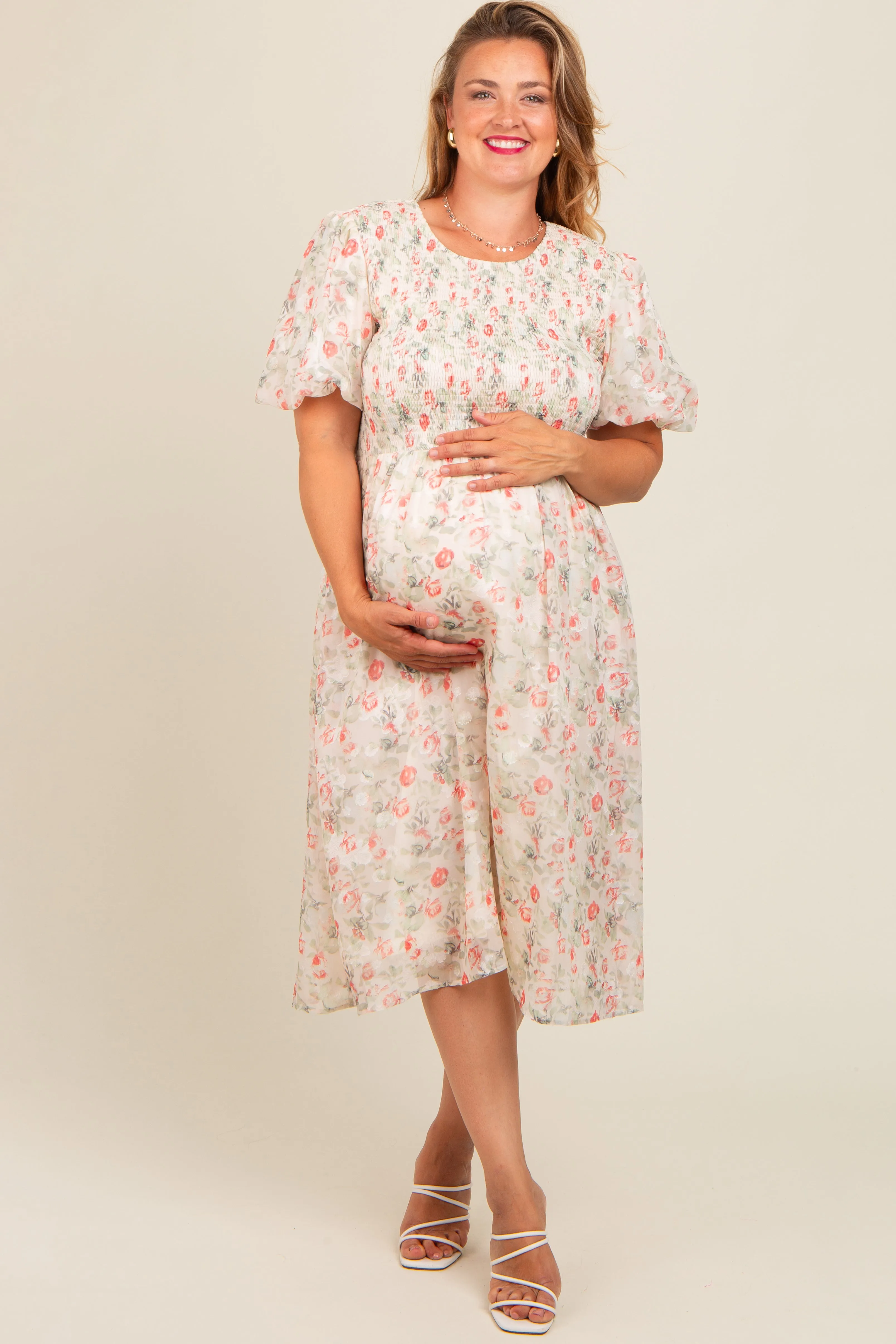 Cream Floral Smocked Puff Sleeve Maternity Plus Midi Dress sold by Pinkblush