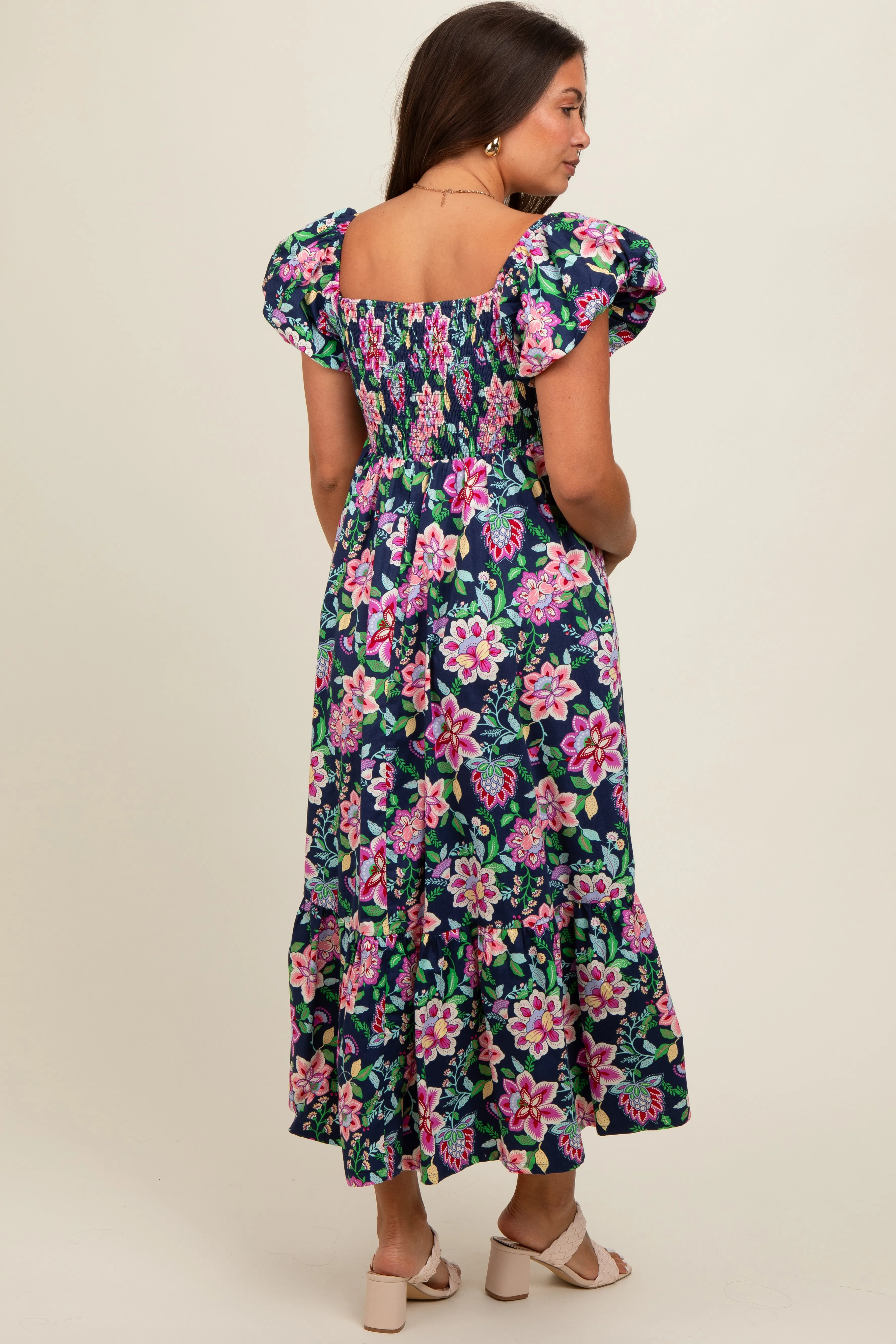 Navy Blue Floral Square Neck Puffy Sleeves Maternity Dress sold by Pinkblush product image thumbnail 2