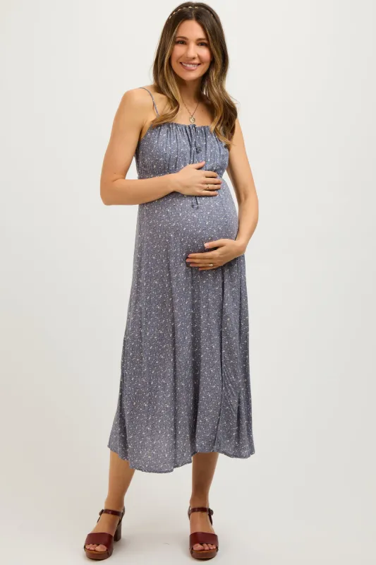 Blue Ditsy Floral Side Slit Maternity Midi Dress sold by Pinkblush