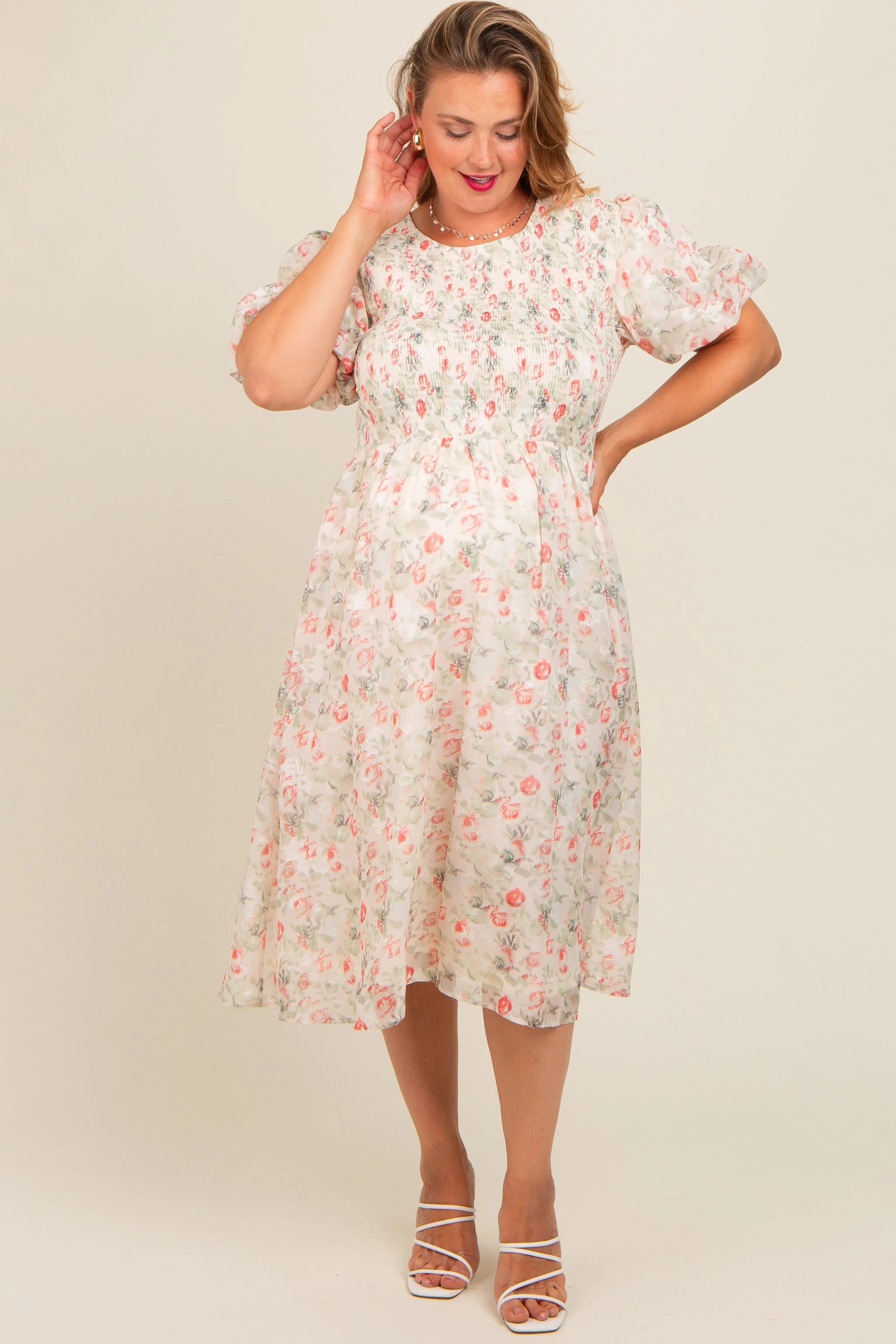 Cream Floral Smocked Puff Sleeve Maternity Plus Midi Dress sold by Pinkblush product image thumbnail 2