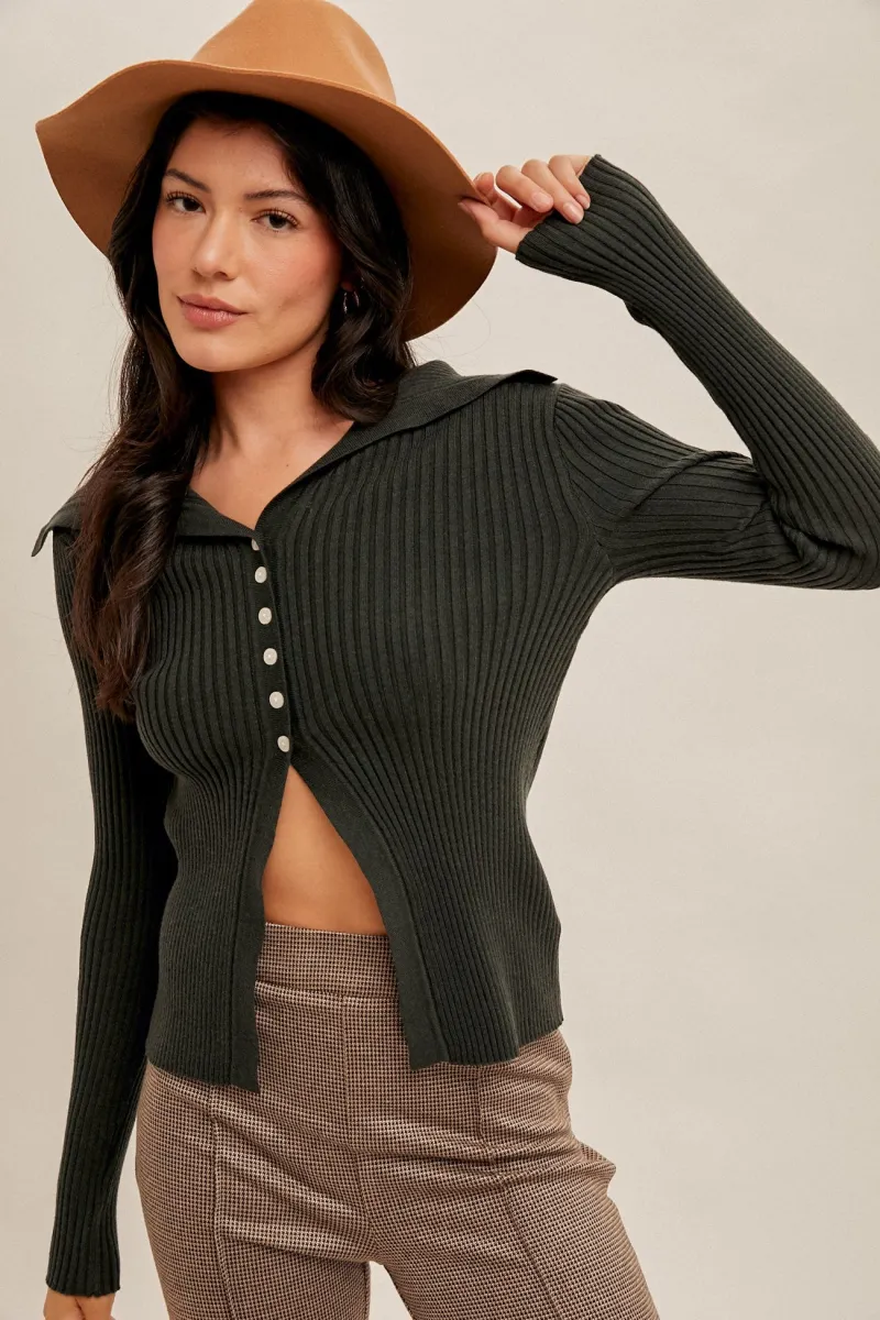 Forest Green Collar Fly Away Ribbed Cardigan sold by Pinkblush