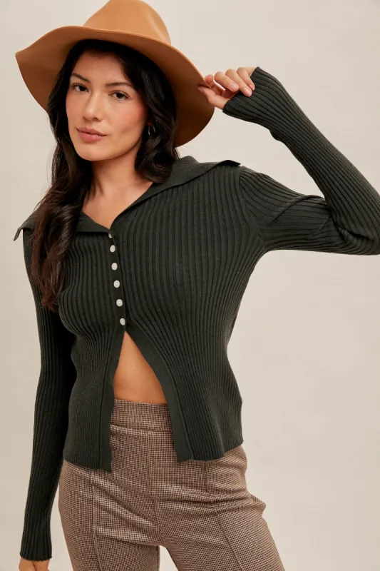 Forest Green Collar Fly Away Ribbed Cardigan sold by Pinkblush