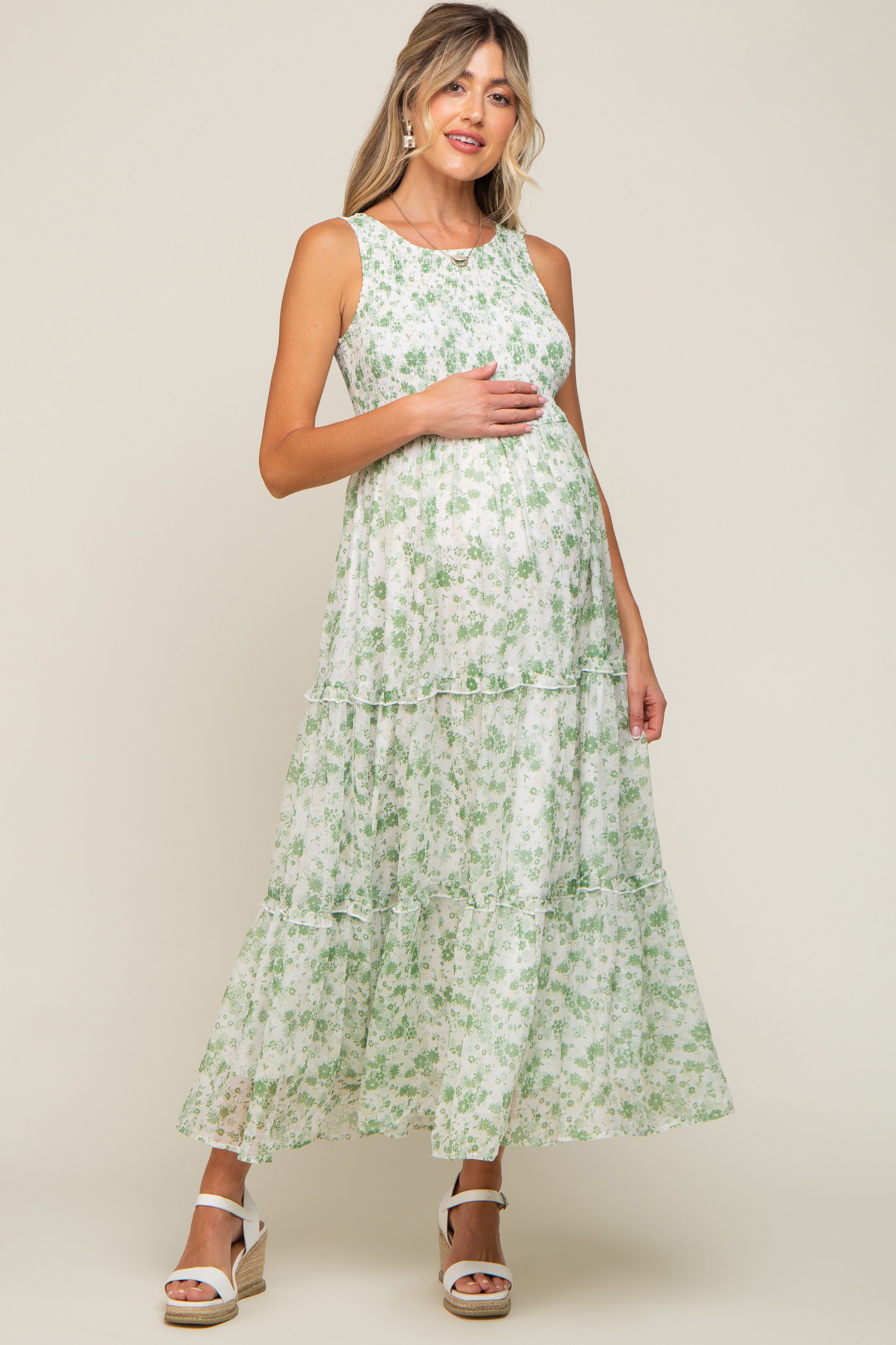 Green Floral Sleeveless Tiered Maternity Maxi Dress sold by Pinkblush product image thumbnail 4
