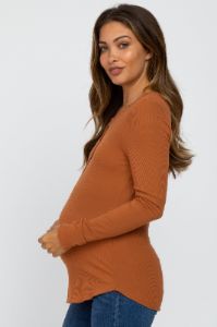 Orange Ribbed Button Front Long Sleeve Maternity Top sold by Pinkblush