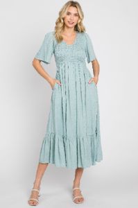 Light Blue Textured Dot Smocked Short Sleeve Midi Dress sold by Pinkblush