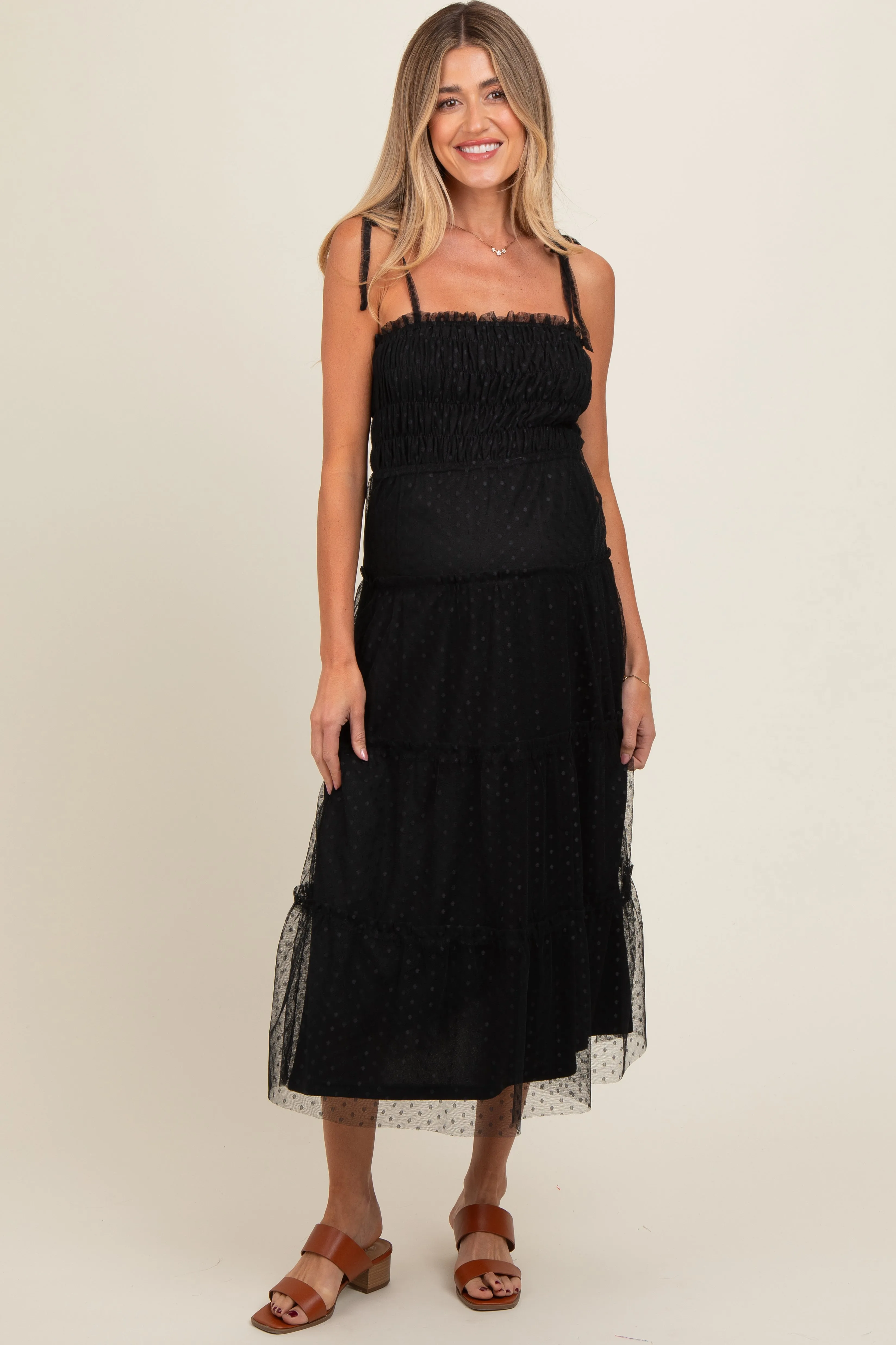 Black Smocked Polka Dot Mesh Shoulder Tie Maternity Midi Dress sold by Pinkblush product image thumbnail 2