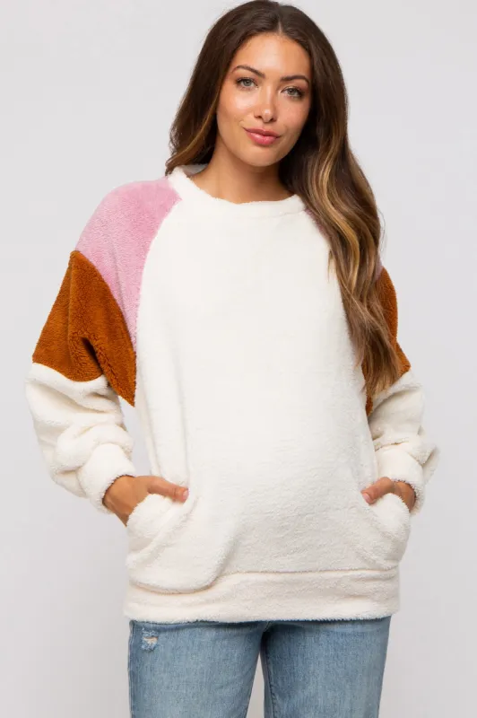 Ivory Colorblock Soft Fleece Pullover Maternity Sweater sold by Pinkblush