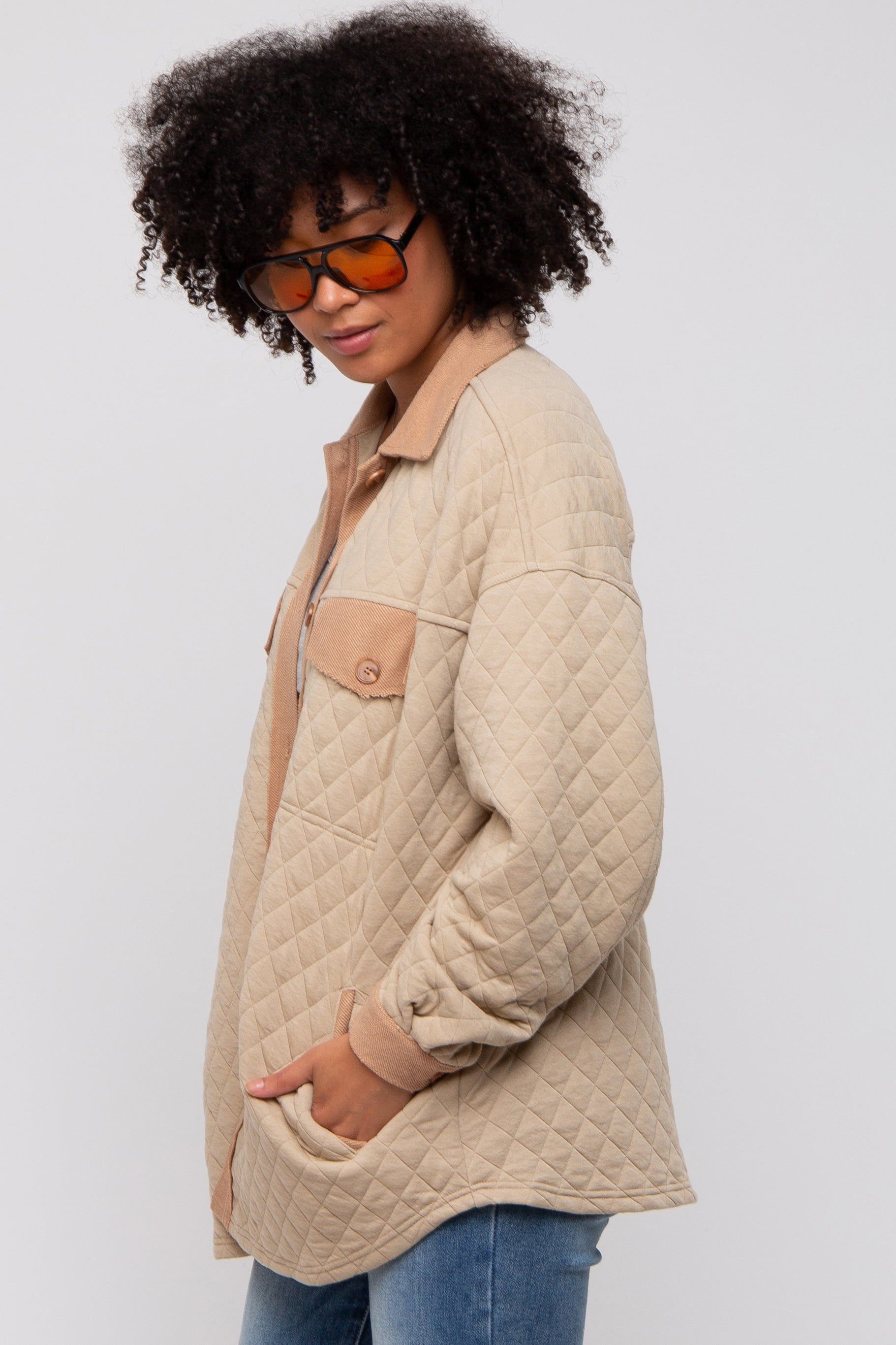 Taupe Colorblock Quilted Shirt Jacket sold by Pinkblush product image thumbnail 3