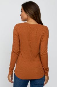Orange Ribbed Button Front Long Sleeve Maternity Top sold by Pinkblush