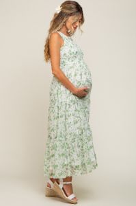 Green Floral Sleeveless Tiered Maternity Maxi Dress sold by Pinkblush
