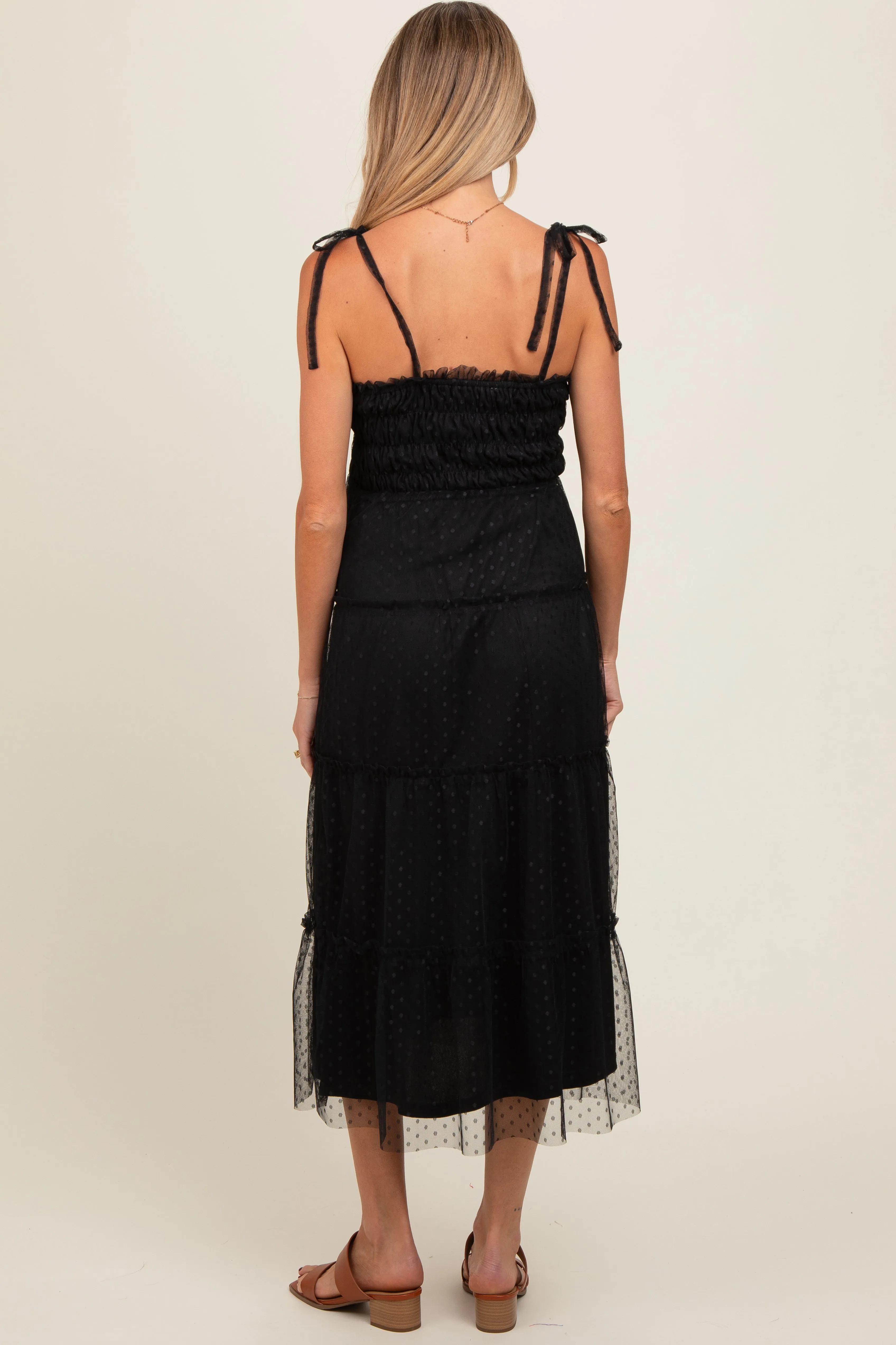 Black Smocked Polka Dot Mesh Shoulder Tie Maternity Midi Dress sold by Pinkblush product image thumbnail 3
