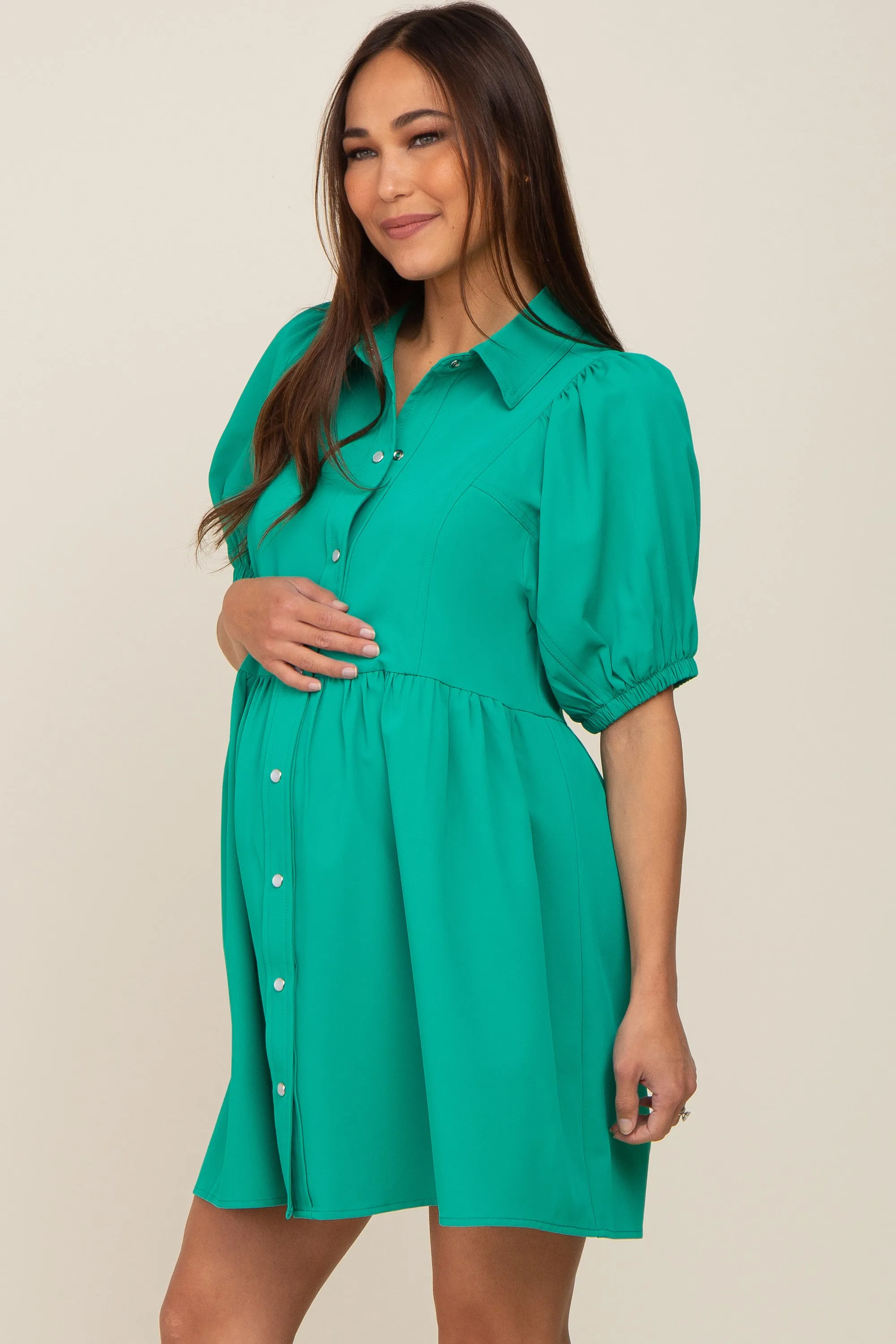 Green Button Down Maternity Mini Dress sold by Pinkblush product image thumbnail 3