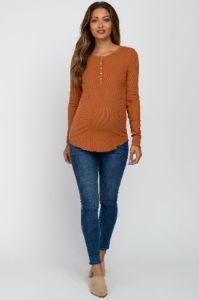 Orange Ribbed Button Front Long Sleeve Maternity Top sold by Pinkblush