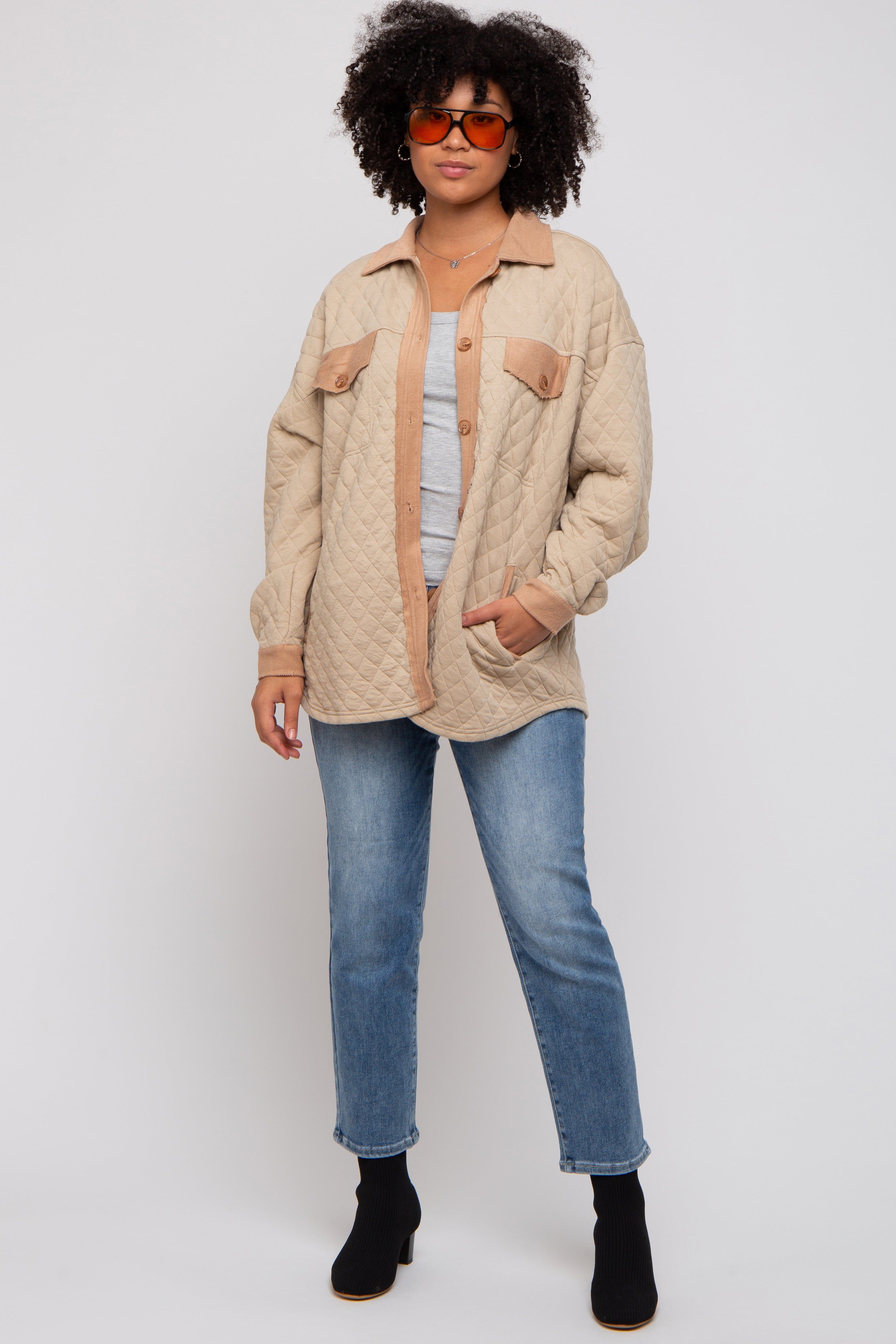 Taupe Colorblock Quilted Shirt Jacket sold by Pinkblush