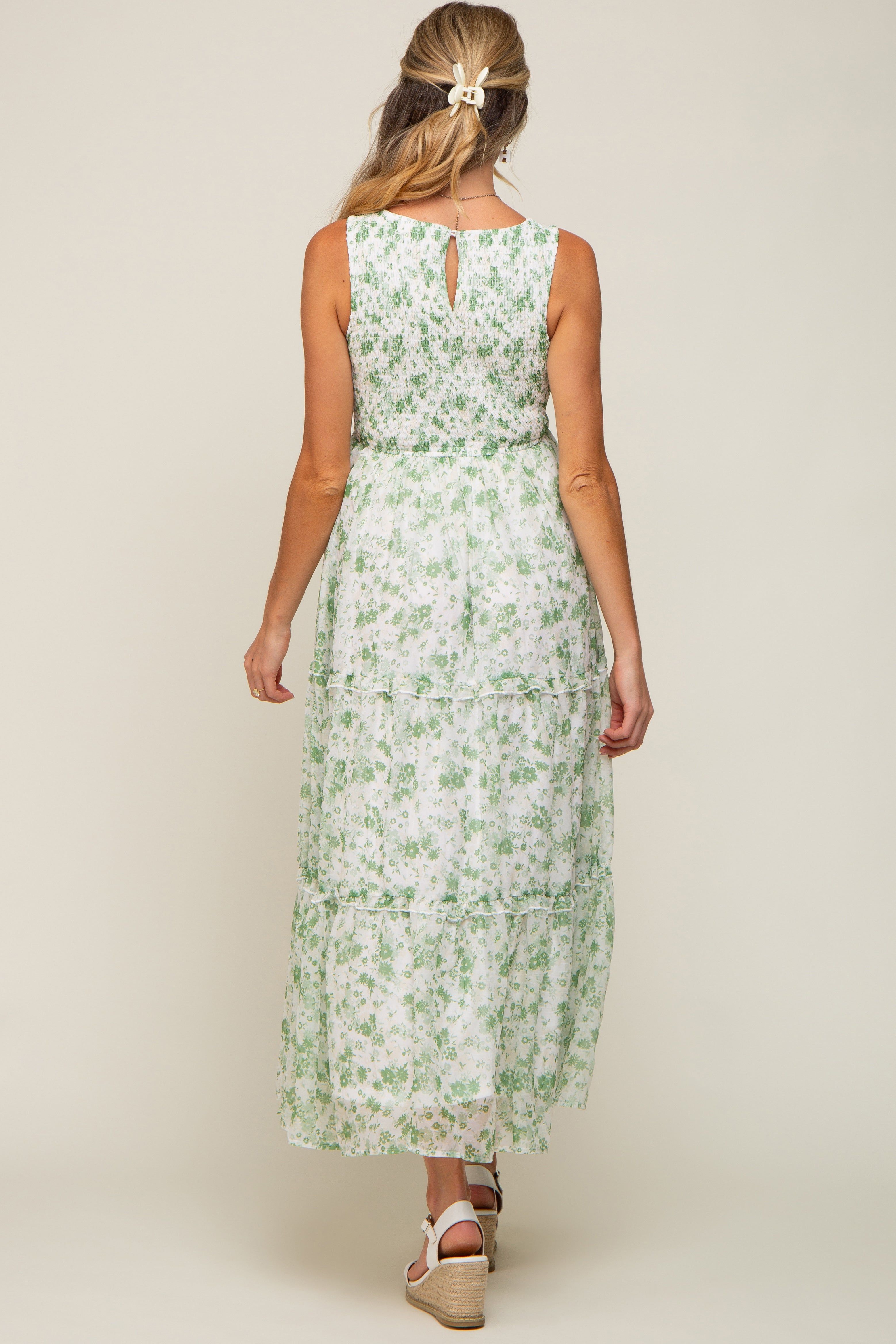 Green Floral Sleeveless Tiered Maternity Maxi Dress sold by Pinkblush product image thumbnail 3