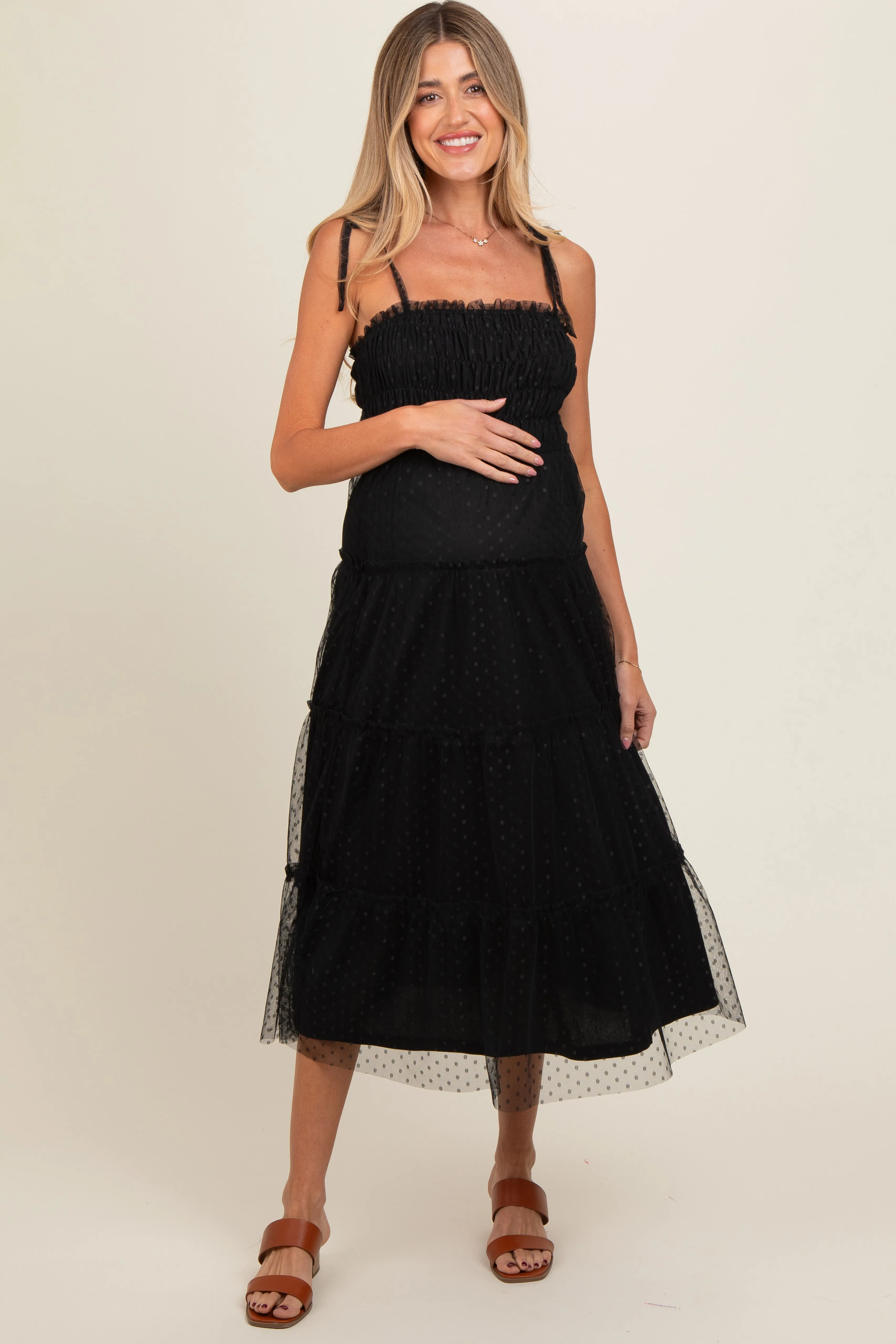 Black Smocked Polka Dot Mesh Shoulder Tie Maternity Midi Dress sold by Pinkblush