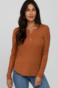 Orange Ribbed Button Front Long Sleeve Maternity Top sold by Pinkblush