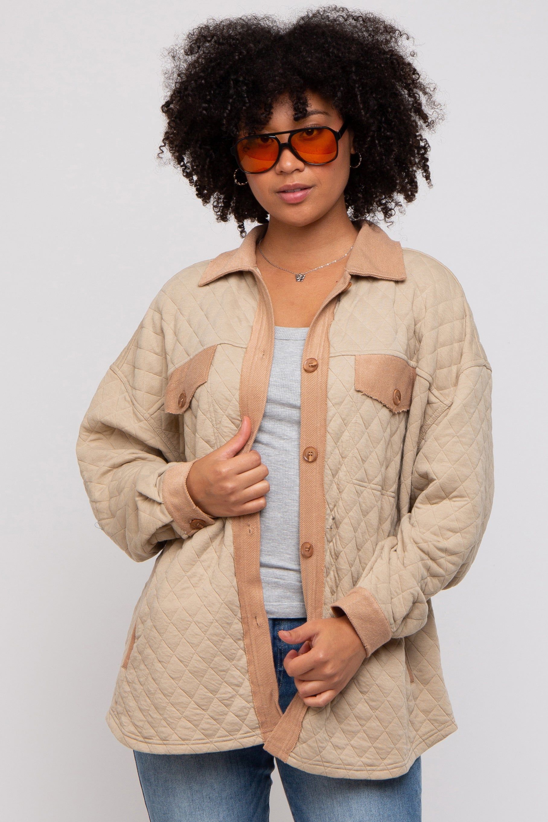 Taupe Colorblock Quilted Shirt Jacket sold by Pinkblush product image thumbnail 2