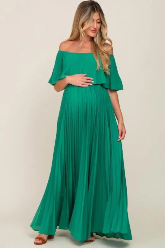 Green Pleated Layered Off Shoulder Maternity Maxi Dress sold by Pinkblush