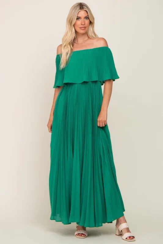 Green Pleated Layered Off Shoulder Maxi Dress sold by Pinkblush