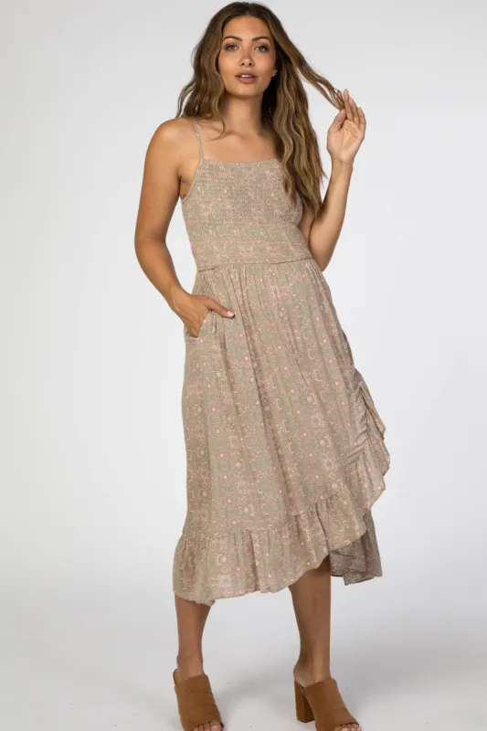 Olive Floral Smocked Ruffle Hem Wrap Maternity Midi Dress sold by Pinkblush
