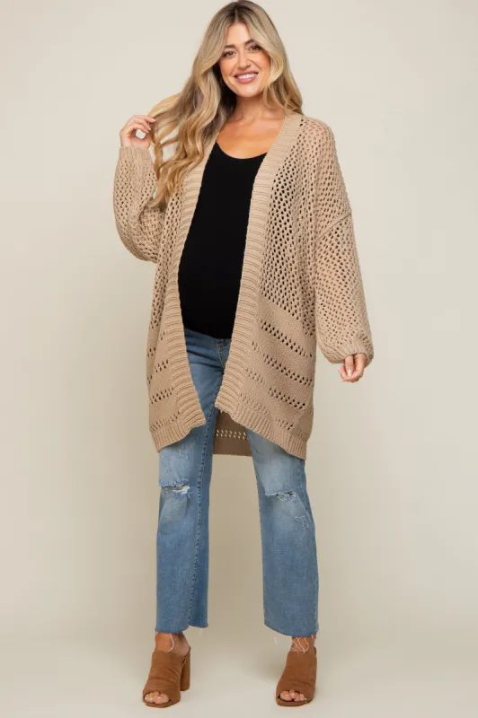 Beige Open Knit Oversized Maternity Cardigan sold by Pinkblush