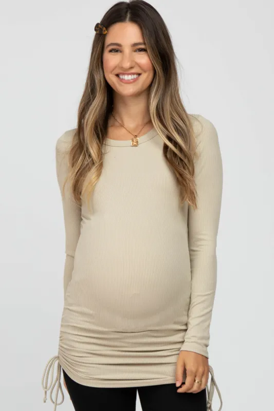 Taupe Ribbed Ruched Tie Maternity Top sold by Pinkblush