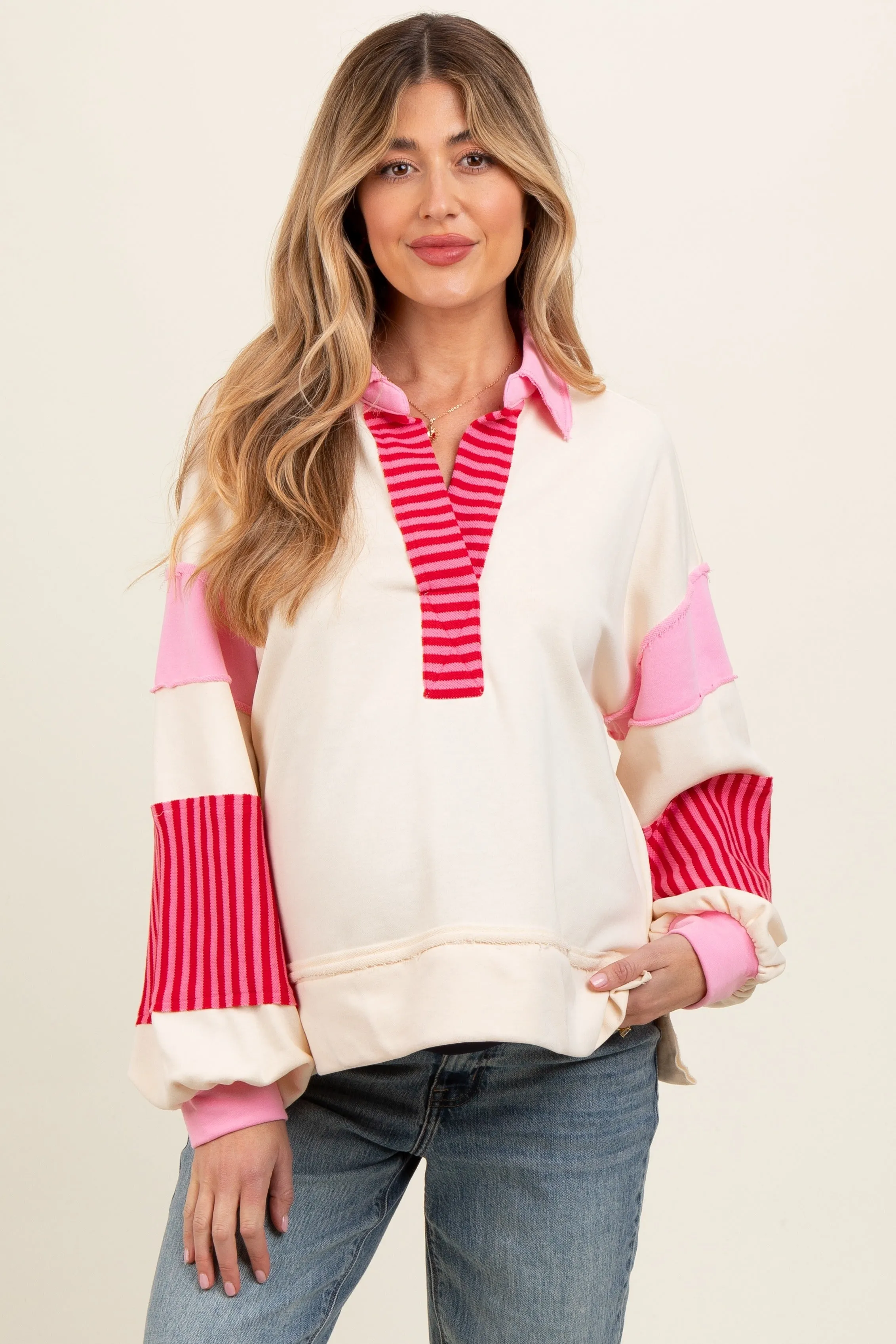 Cream Colorblock Striped Maternity Long Sleeve Top sold by Pinkblush