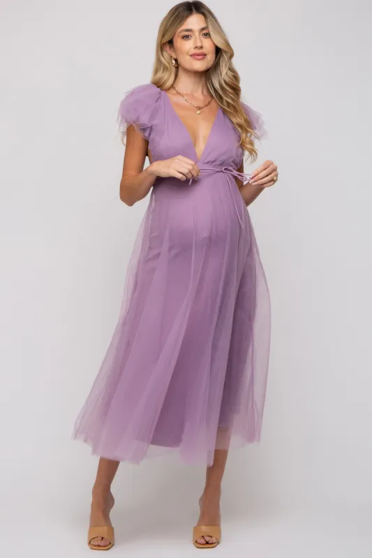 Lavender Deep V-Neck Tulle Flutter Sleeve Maternity Midi Dress sold by Pinkblush