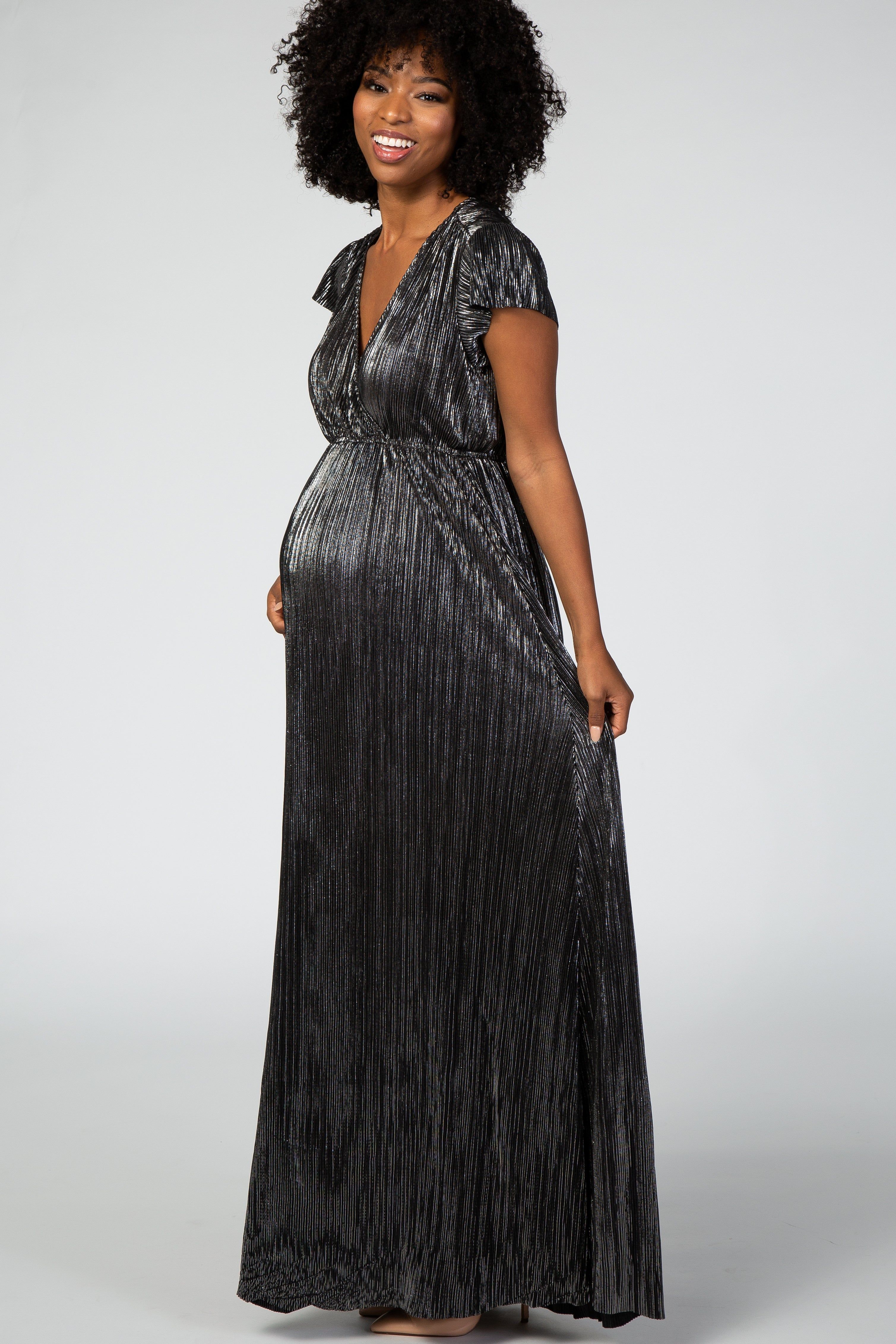 Black Shimmer Maternity Wrap Maxi Dress sold by Pinkblush product image thumbnail 2