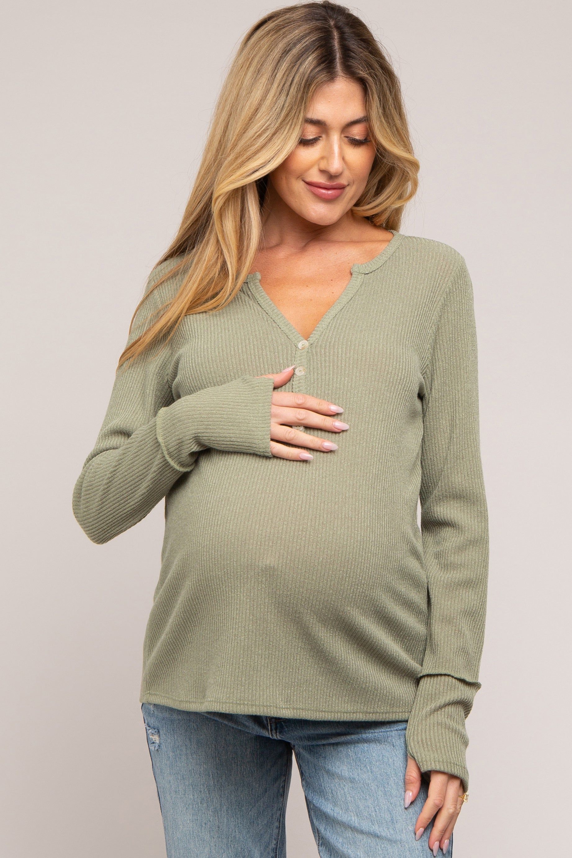 Light Olive Rib Knit Button Accent Maternity Long Sleeve Top sold by Pinkblush