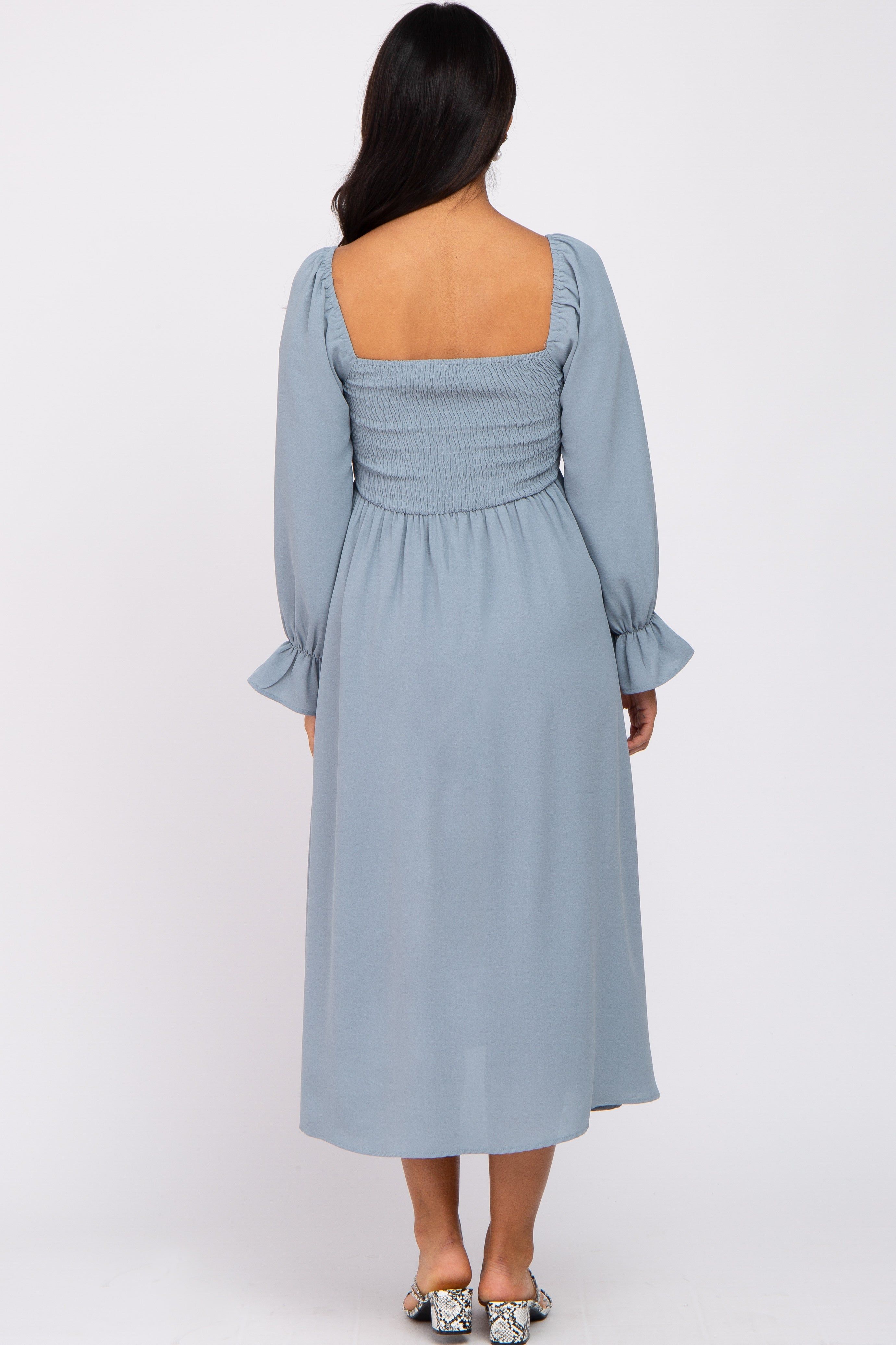 Light Blue Smocked Square Neck Maternity Midi Dress sold by Pinkblush product image thumbnail 3