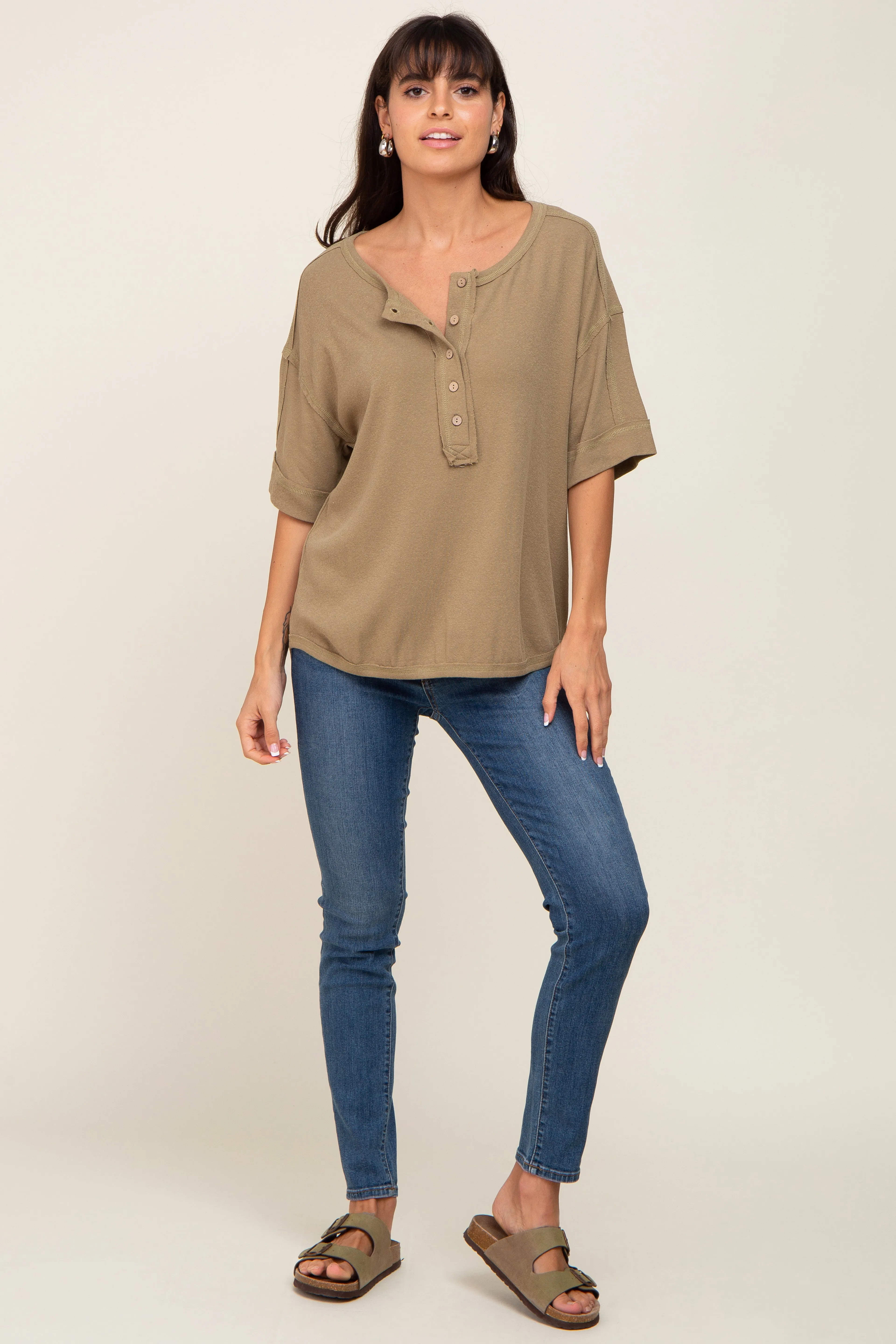 Olive Oversized Henley Top sold by Pinkblush product image thumbnail 5