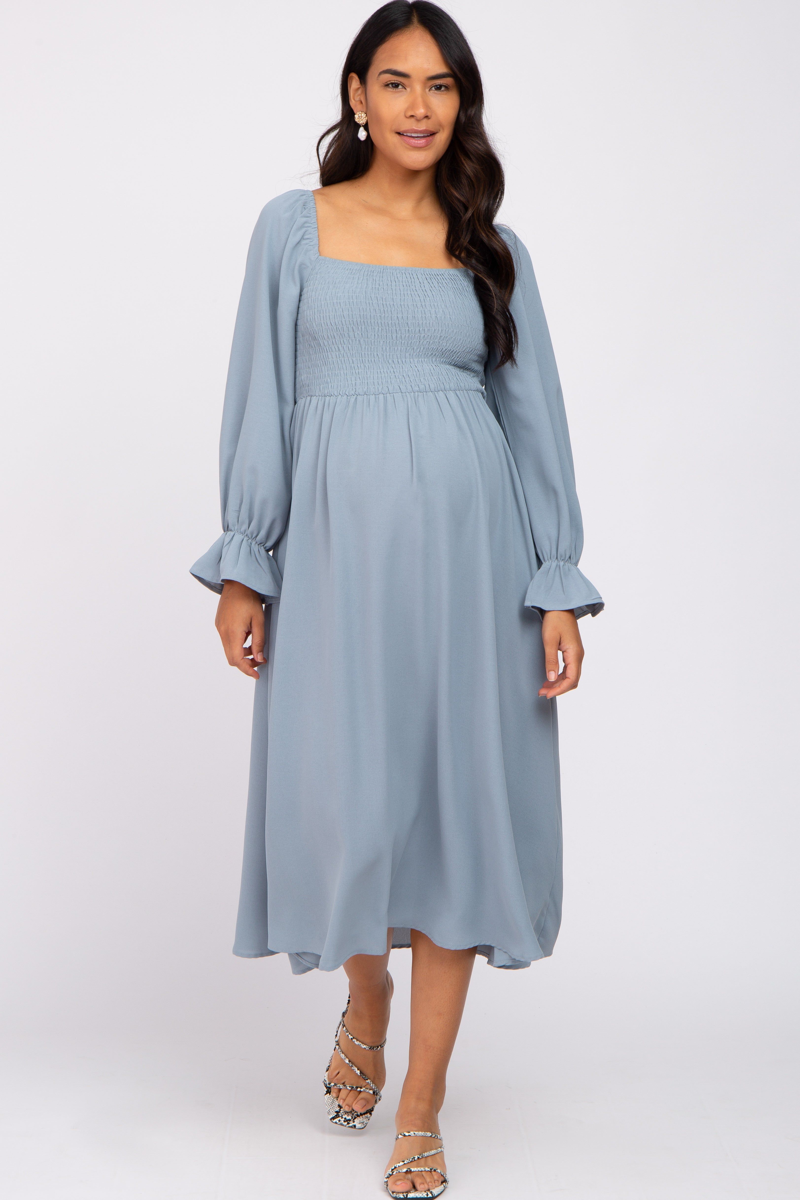 Light Blue Smocked Square Neck Maternity Midi Dress sold by Pinkblush product image thumbnail 4