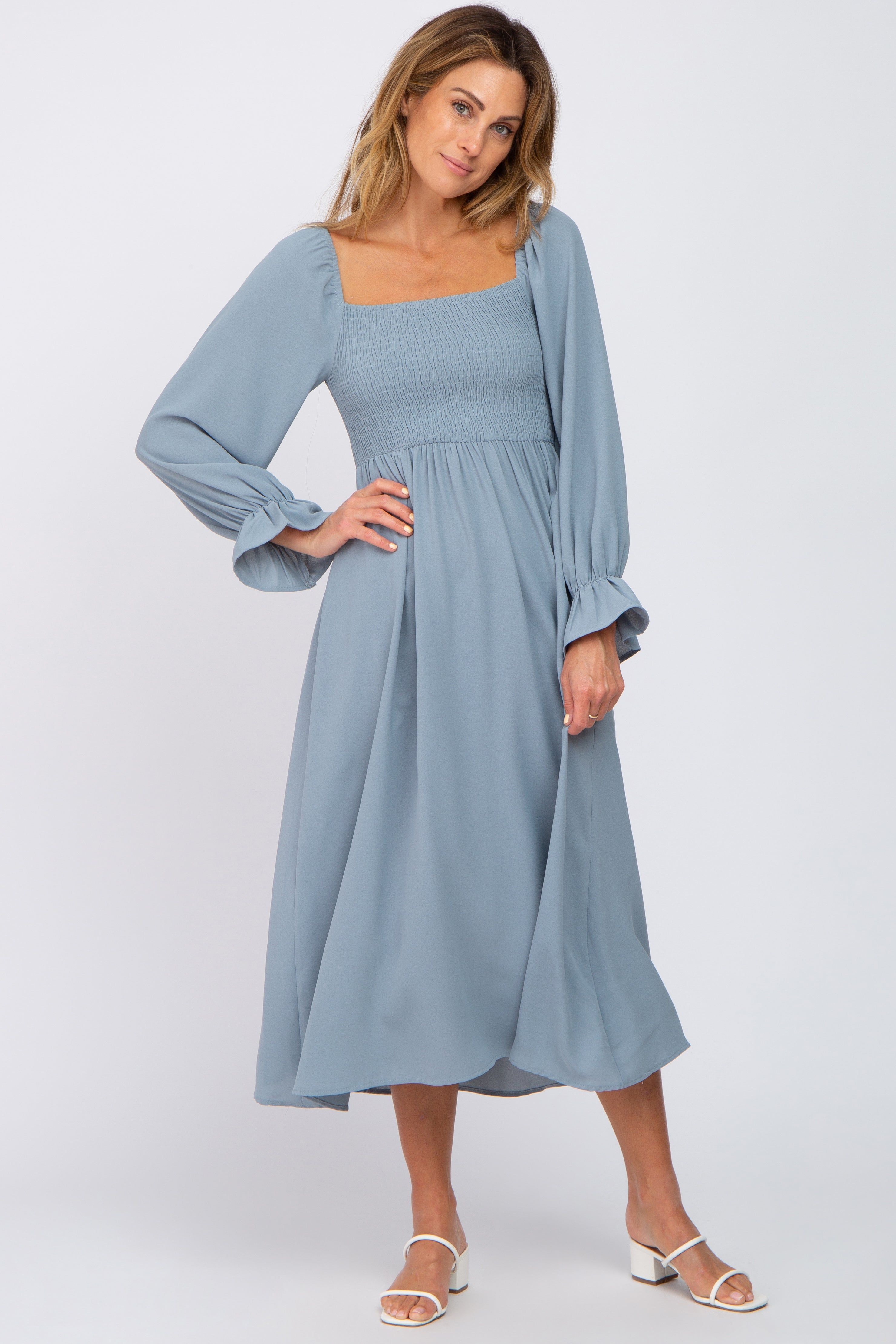 Light Blue Smocked Square Neck Maternity Midi Dress sold by Pinkblush product image thumbnail 5