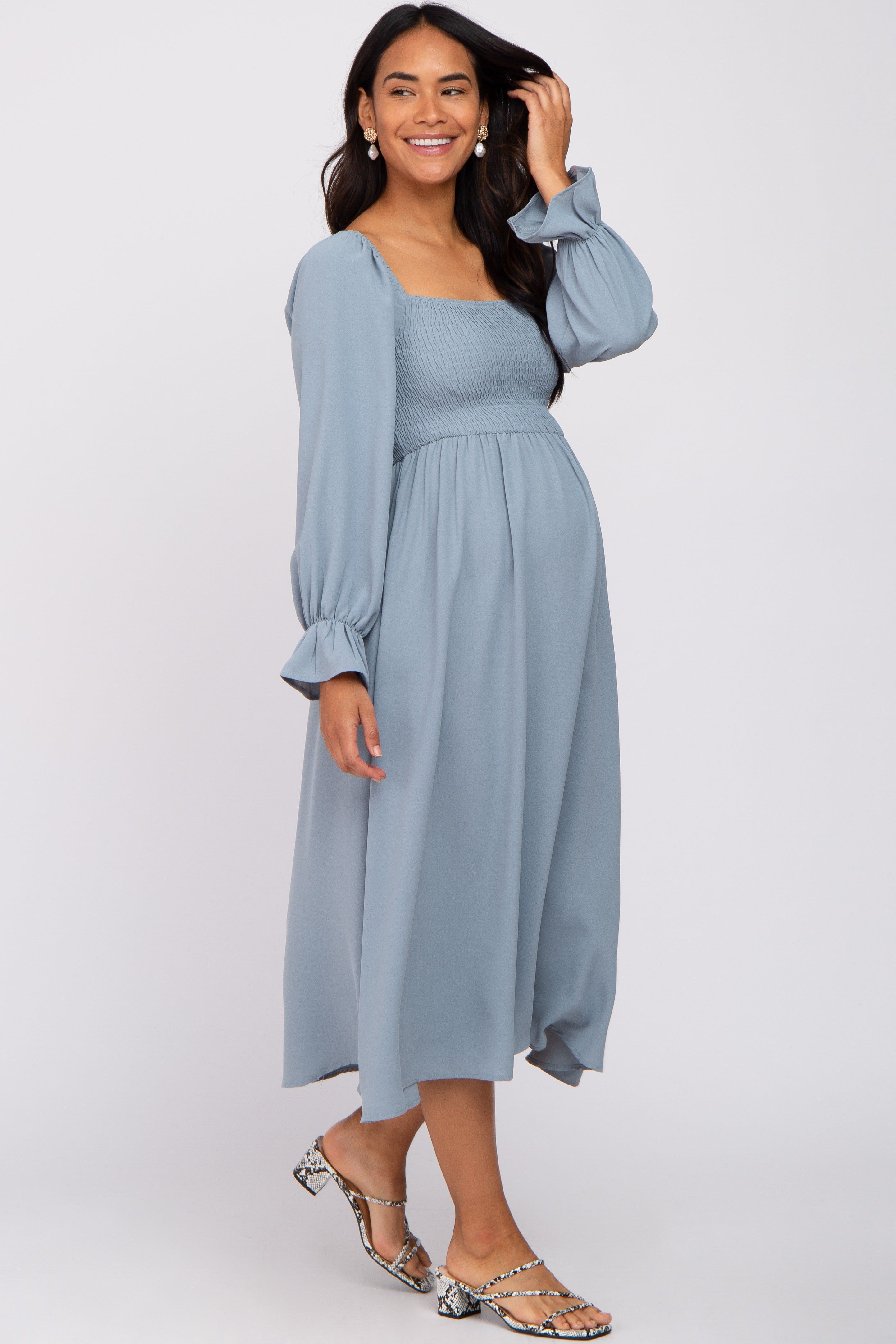 Light Blue Smocked Square Neck Maternity Midi Dress sold by Pinkblush product image thumbnail 2