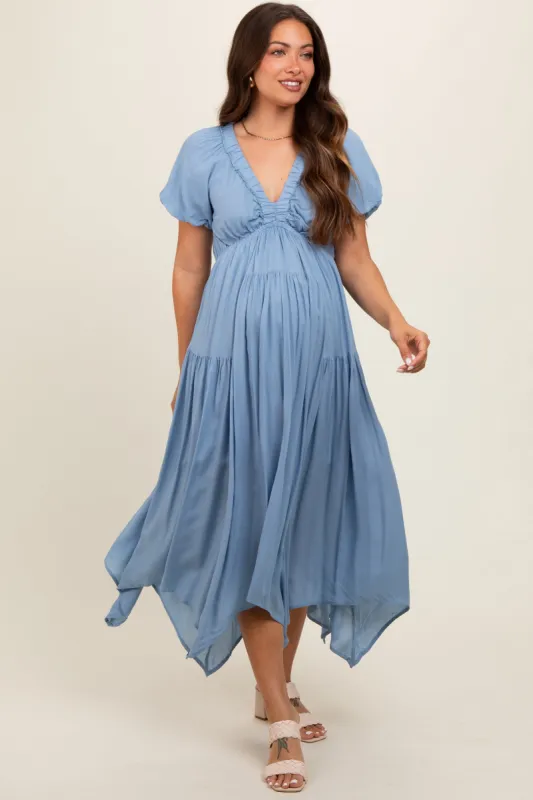 Blue Deep V-Neck Puff Short Sleeve Asymmetrical Hem Maternity Midi Dress sold by Pinkblush