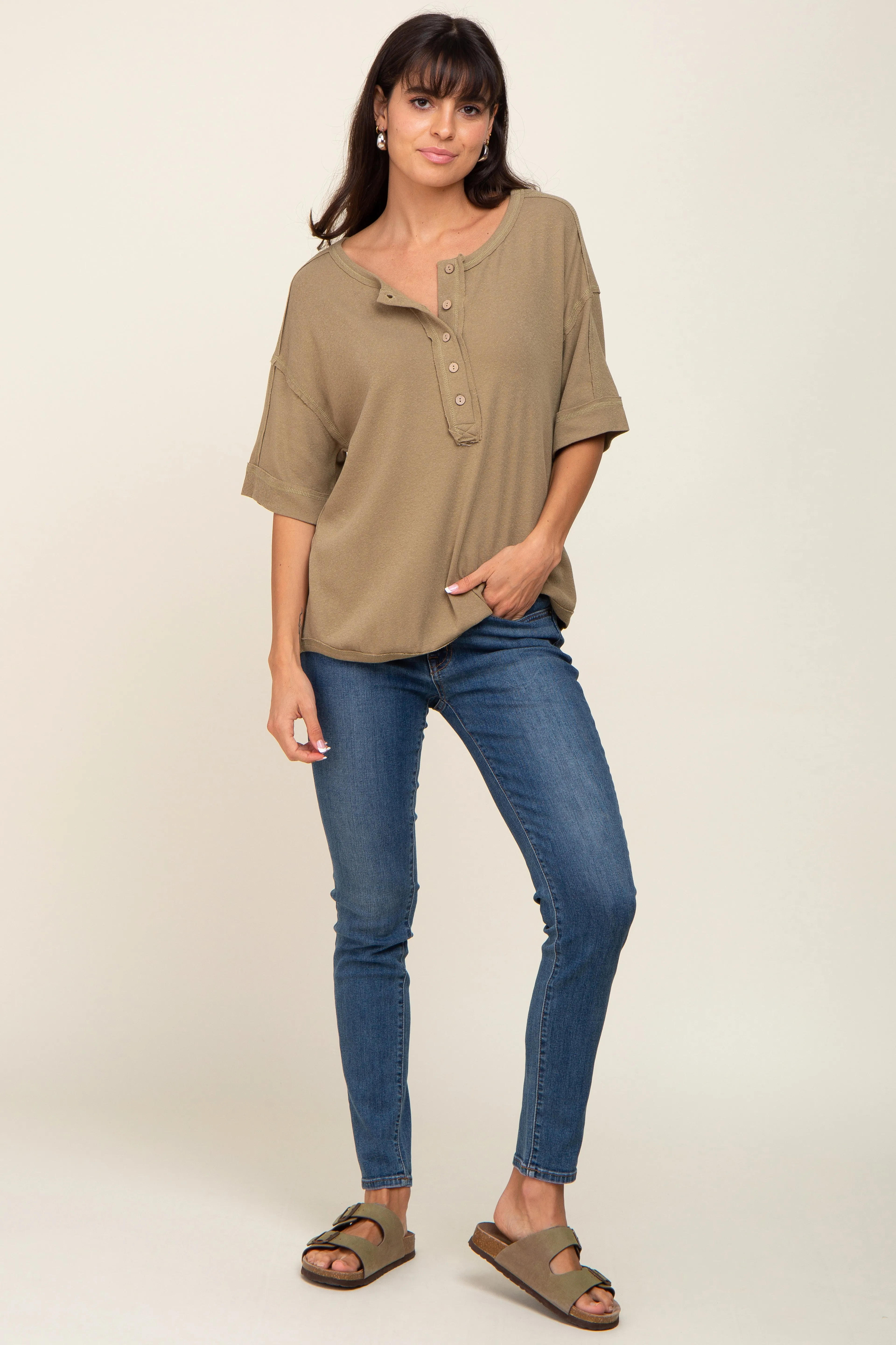 Olive Oversized Henley Top sold by Pinkblush product image thumbnail 4