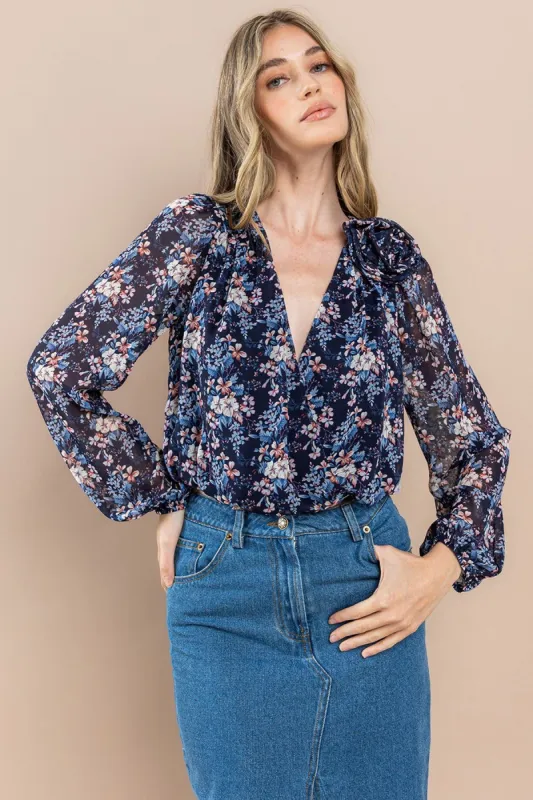 Navy Floral V-Neck Blouse sold by Pinkblush