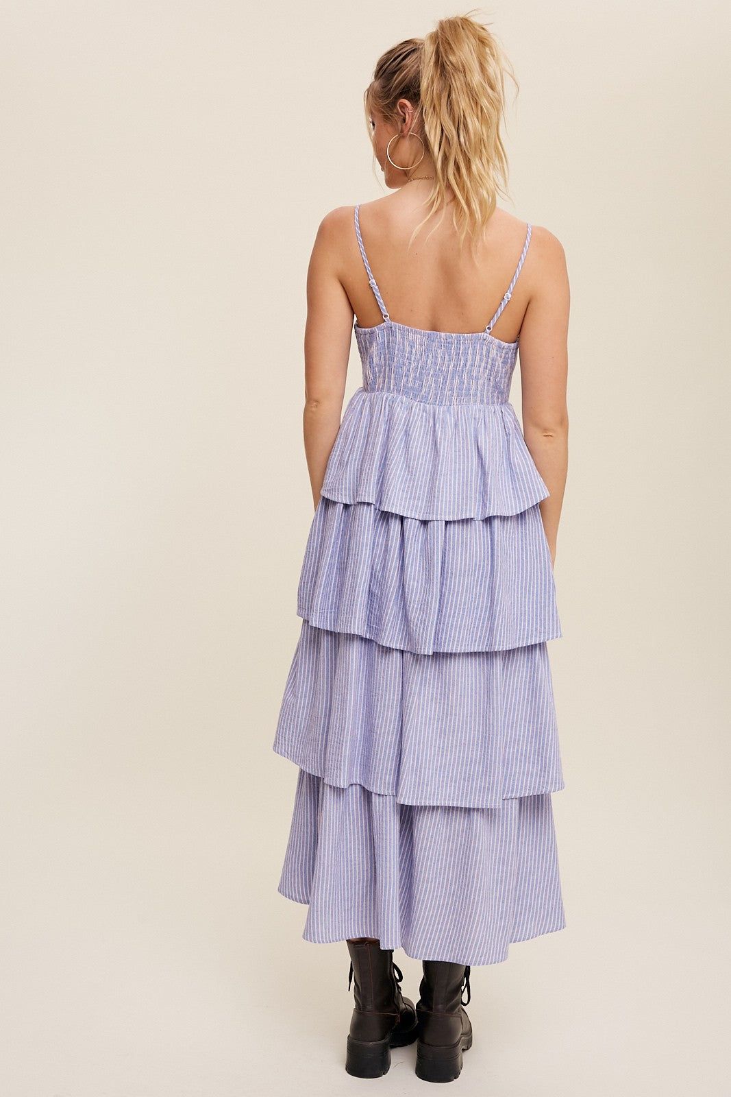 Blue Pinstripe Front Tie Tiered Maxi Dress sold by Pinkblush product image thumbnail 3