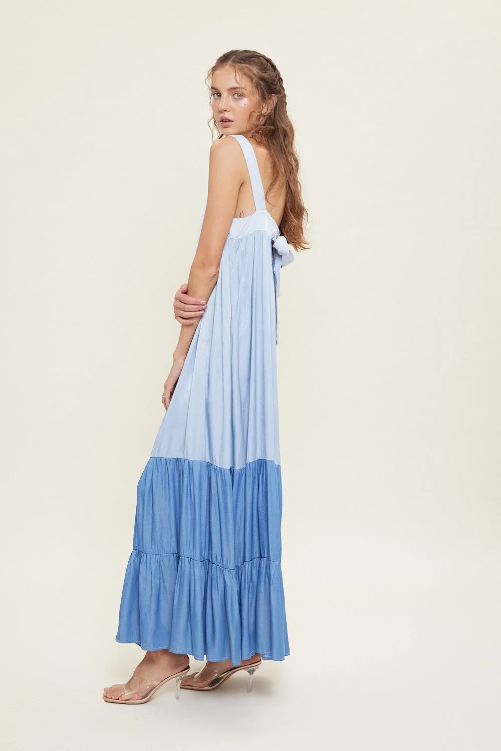 Blue Sleeveless Tiered Tie Back Maxi Dress sold by Pinkblush product image thumbnail 3