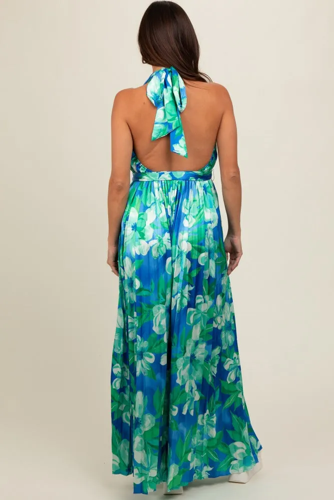 Blue Floral Pleated Halter Maternity Jumpsuit sold by Pinkblush product image thumbnail 4