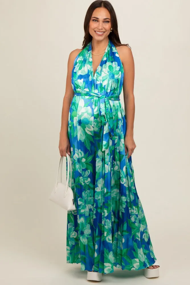Blue Floral Pleated Halter Maternity Jumpsuit sold by Pinkblush