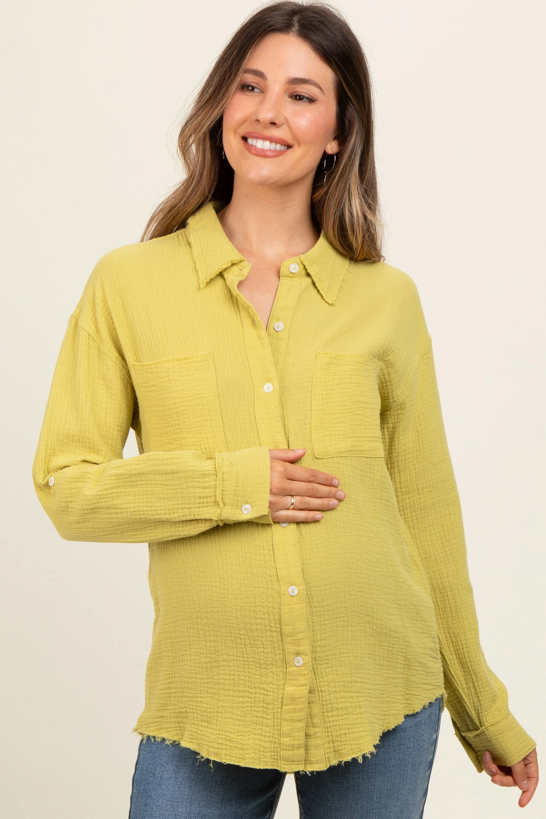 Lime Front Pocket Fringe Hem Button Up Maternity Shirt sold by Pinkblush