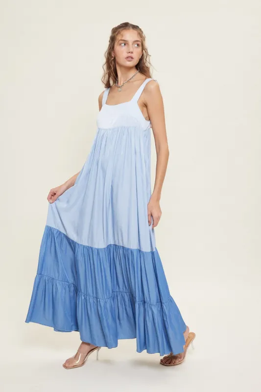 Blue Sleeveless Tiered Tie Back Maxi Dress sold by Pinkblush