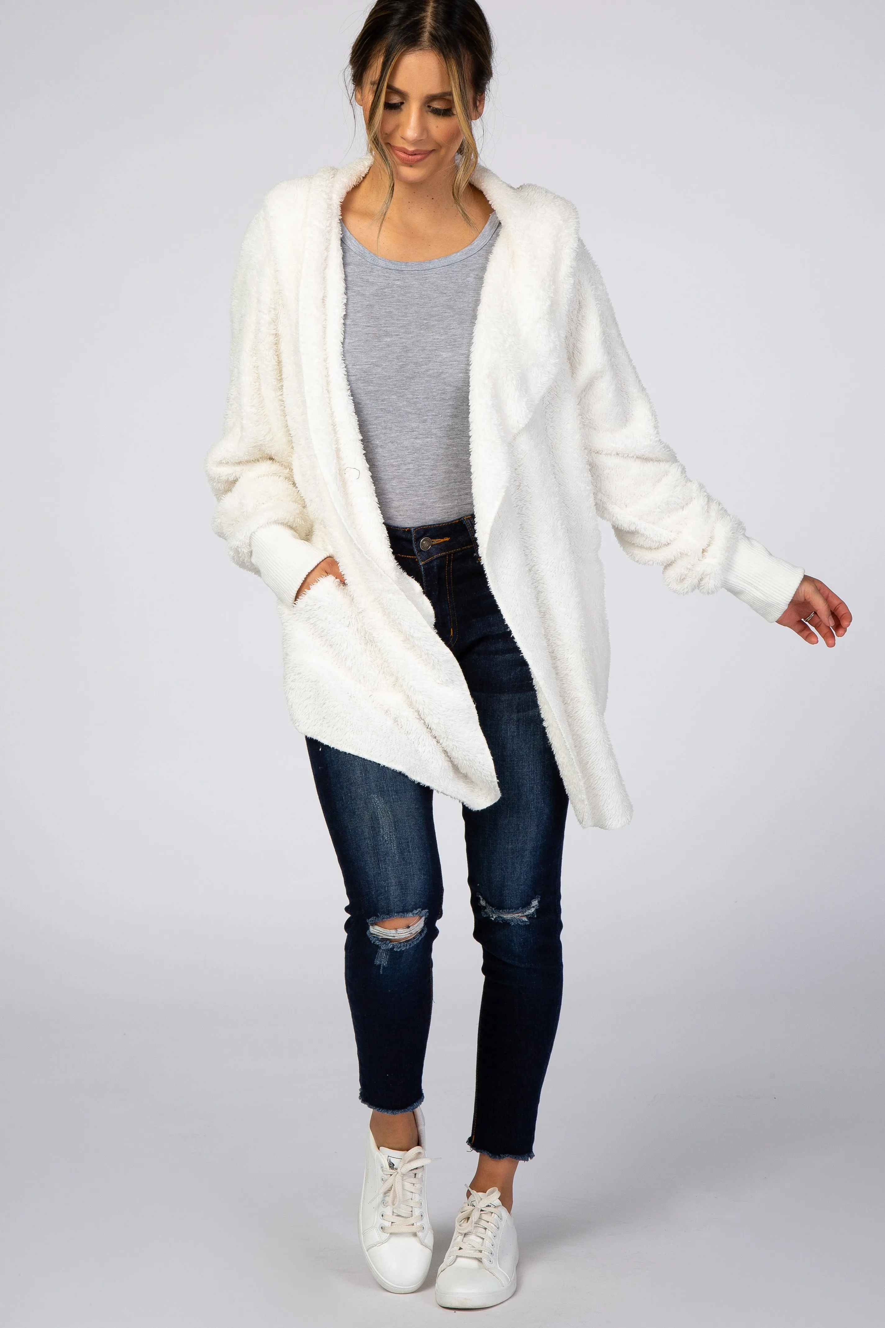 Ivory Fuzzy Hooded Long Sleeve Jacket sold by Pinkblush product image thumbnail 4