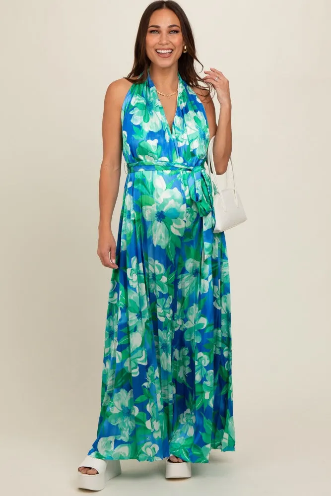 Blue Floral Pleated Halter Maternity Jumpsuit sold by Pinkblush product image thumbnail 2