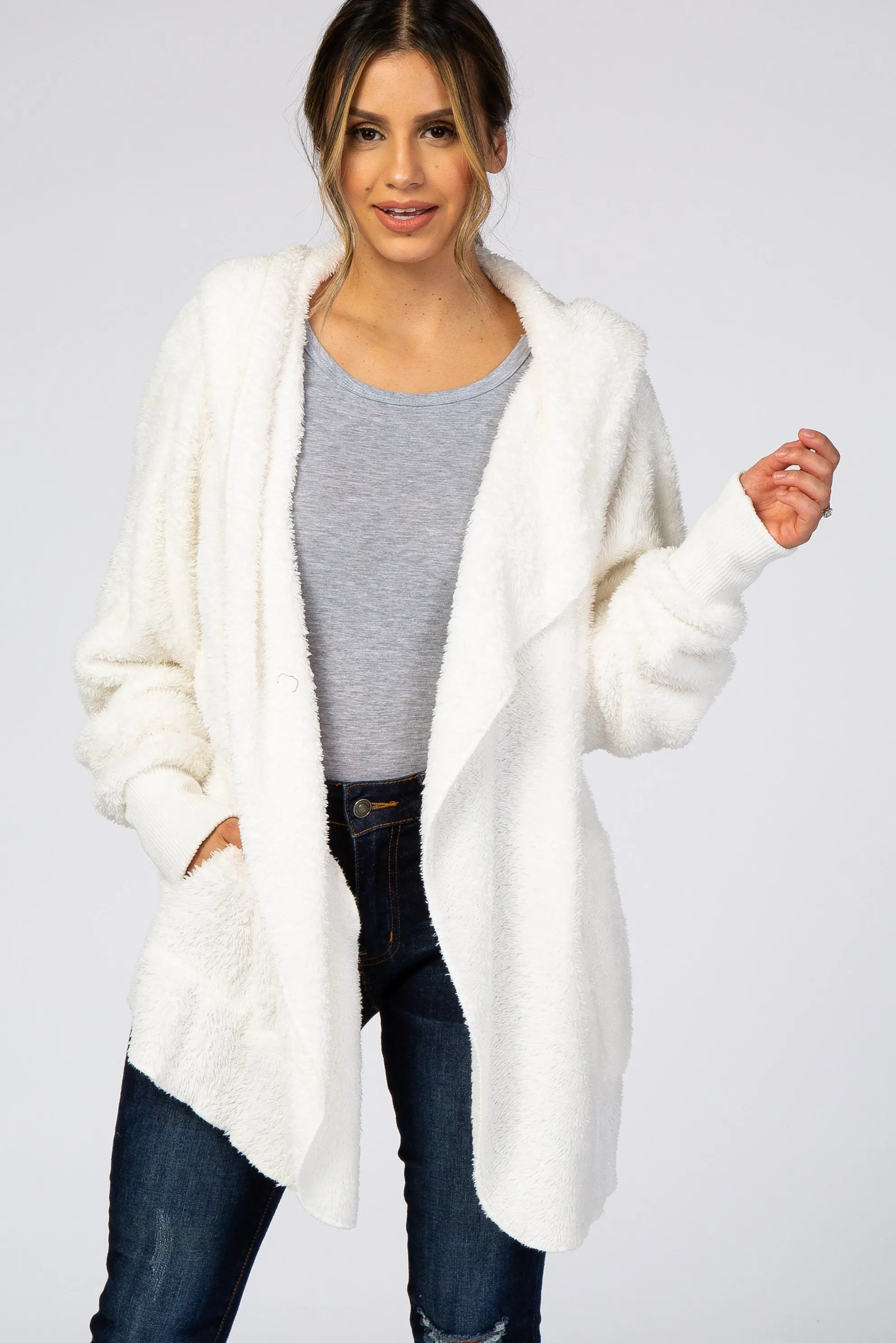 Ivory Fuzzy Hooded Long Sleeve Jacket sold by Pinkblush